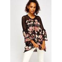 Mesh Insert Frilled Printed Top