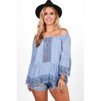 melanie crochet trim woven top blue