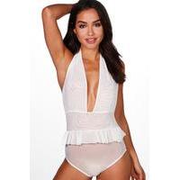 Mesh Frill Peplum Halter Body - ivory