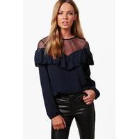 Mesh Detail Ruffle Top - navy