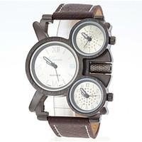 men military three time zones leather band quartz watch wrist watch co ...