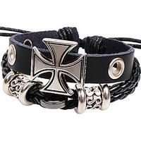 Men\'s Multilayer Cross Black Leather Wrap Bracelet