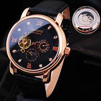 Men\'s New Round Rome Number Diamond Dial Mineral Glass Mirror Genuine Leather Band Waterproof Mechanical Watch Wrist Watch Cool Watch Unique Watch