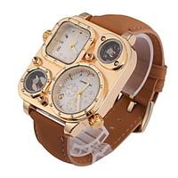 mens fashion dual time zones khaki leather strap quartz watch wrist wa ...