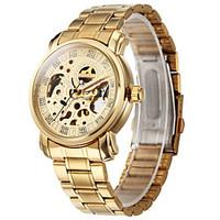 mens classic auto mechanical skeleton gold case steel band wrist watch ...