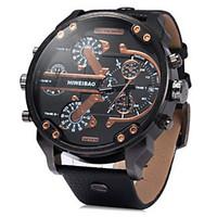 Men\'s Military Fashion Big Dial Dual Time Zones Leather Band Quartz Watch Wrist Watch Cool Watch Unique Watch