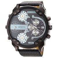 mens military four time display leather band quartz wristwatch wrist w ...