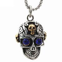 Men\'s Punk Style Pendant Charm Necklace 316L Stainless Steel Retro Carving Skull Shape Blue Gem Jewelry