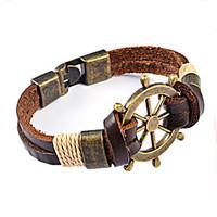 Men\'s Leather Bracelet Handmade Vintage Bronze Rudder Anchor Punk Titanium Steel Jewelry