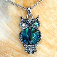 Metal Paua Shell Owl Necklace
