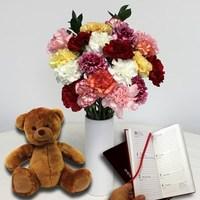 Mixed Christmas Carnations 20 Stems with Vase + Cuddly Bear + Diary