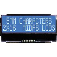 midas displays mccog21605b6w bnmlwi cog 2x16 stn white on blue i2c