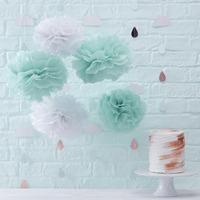 mint and white party pom poms