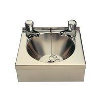 MINI STAINLESS STEEL WASH BASIN, SUPPLIED WITH PLUG, CHAIN, APRON SUPPORT AND WASTE. TAPS NO