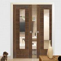 Mistral Walnut Double Pocket Doors - Clear Glass - Prefinished