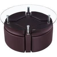 Minnesota Round Glass Coffee Table With 4 Brown Storage Stools