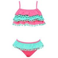 Minoti girls bandeau style contrasting tiered frill pom pom detail adjustable strap bikini - Pink