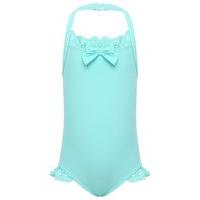 Minoti girls bright halterneck strap laser cut frill design bow applique swimsuit - Blue