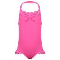 Minoti girls bright halterneck strap laser cut frill design bow applique swimsuit - Pink