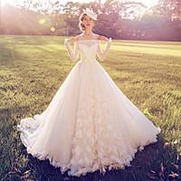 mingmenxinniang Ball Gown Wedding Dress Vintage Inspired Court Train Off-the-shoulder Lace with Flower