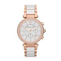 Michael Kors Parker ladies\' chronograph rose gold-plated and white bracelet watch