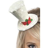 Mini Top Hat, White, With Glitter, On Headband