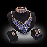 MISSING U Women\'s Vintage 18K Gold Plated Rhinestone Tassel Necklace Earrings Bracelet Ring Jewelry Sets