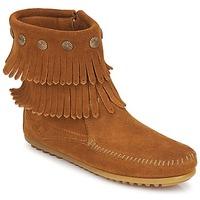 minnetonka double fringe side zip boot womens mid boots in brown