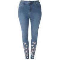 Mid Wash Floral Embroidered Skinny Jeans, Denim