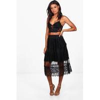 Mixed Lace Panel Skater Skirt - black