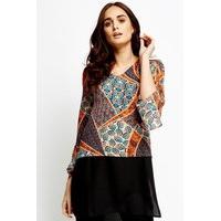 mixed print bodice sheer hem tunic