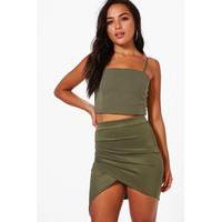 Millie Ruched Side Asymmetric Midi Skirt - olive