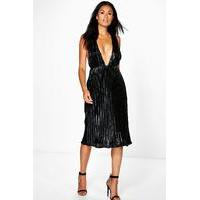 Misy Metallic Pleated Plunge Midi Dress - black