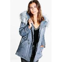 Mia Luxe Parka With Faux Fur Hood - grey