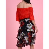 MINNIE - Black and Red floral Print Pleated Ruffled Midi Skirt