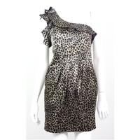 Miss Selfridge Size 10 Brown Leopard Print One Shoulder, Pegged Style Dress with Ruffle Detailing on Shoulder