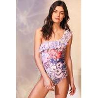 minkpink tropical punch one shoulder ruffle swimsuit blue