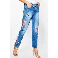 mid rise all over embroidered boyfriend jeans mid blue