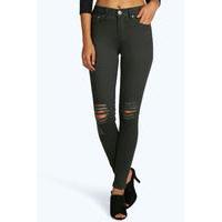 Mid Rise Distressed Knee Skinny Jeans - khaki