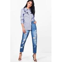 Mid Rise Fray Hem Distressed Boyfriend Jeans - mid blue