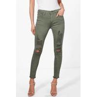 Mid Rise Distressed Knee Skinny Jeans - khaki