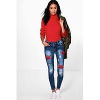 Mid Rise Floral Embroidery Skinny Jeans - mid blue