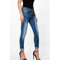 Mid Rise Selvedge Turn Up Skinny Jeans - mid blue