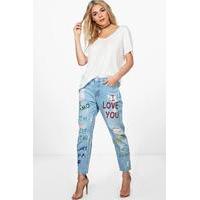 Mid Rise Graffiti Print Boyfriend Jeans - mid blue