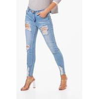 Mid Rise Distressed Ankle Skinny Jeans - blue