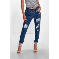 Mid Rise Ripped Mom Jeans - mid blue