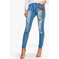 Mid Rise Embroidered Skinny Jeans - mid blue