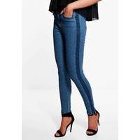 Mid Rise Shadow Stripe Skinny Jeans - mid blue