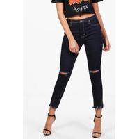 Mid Rise Embroidered Distressed Hem Skinny Jeans - black