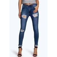 Mid Rise Distressed Thigh Skinny Jeans - dark blue